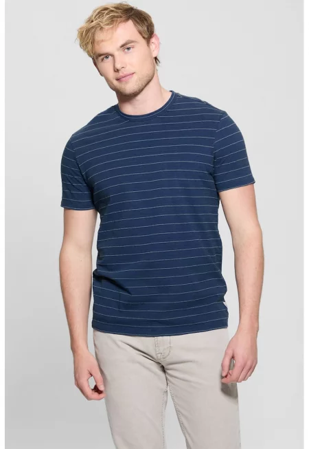 Раирана тениска с овално деколте - Тъмносин/Мръснобял