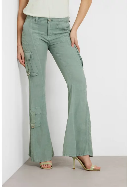 Разкроен панталон до глезена с лиосел с ниска талия и джобове с капаче - Зелени аспержи