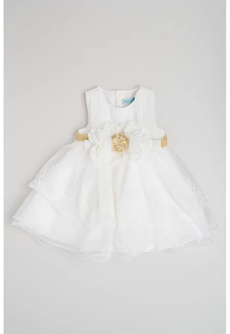 Разкроена рокля с бродирана органза - Бял/Тъмнобежово