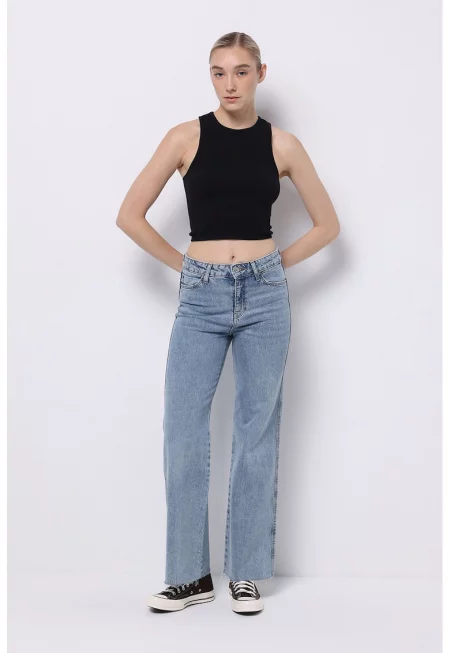 Разкроени дънки със средна талия - Светлосин меланж