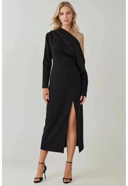 Рокля миди кройка -  вталена - асиметрична яка - цепка - джърси