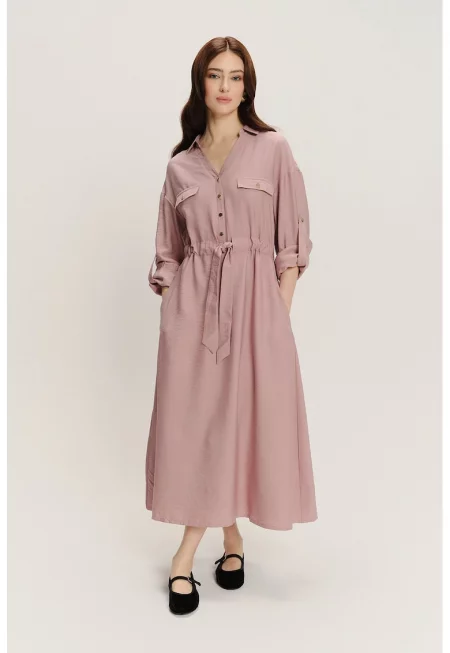 Рокля с регулираща се талия и дълги ръкави - Прашно розово