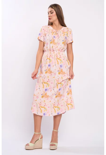 Рокля с щампа - Оранжев/Виолетов/Праскова