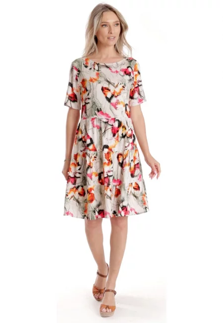 Рокля с волани Дамска V278 - Крем с флорален принт