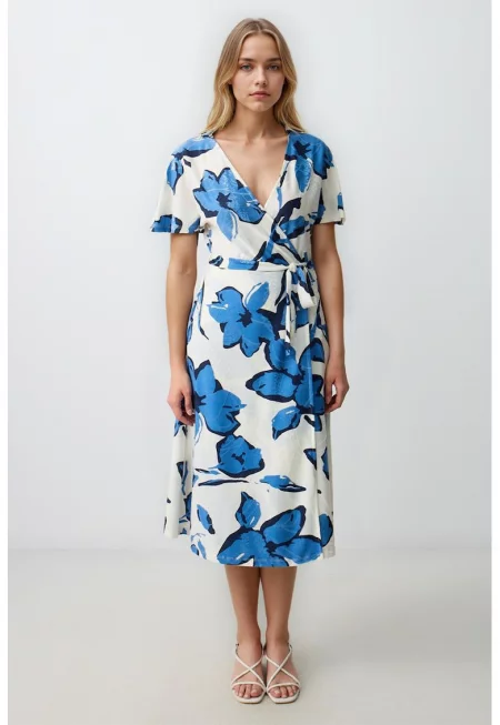 Рокля със застъпен дизайн - Кралско Синьо/Мръснобял