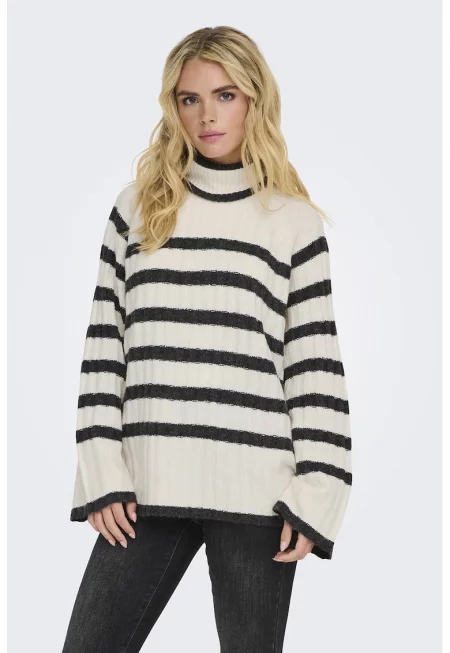 Широк раиран пуловер Miley - Бял/Черен