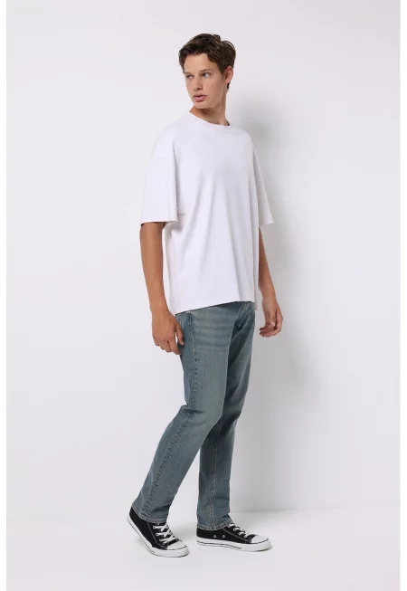 Слим дънки със средна талия - Прашно синьо