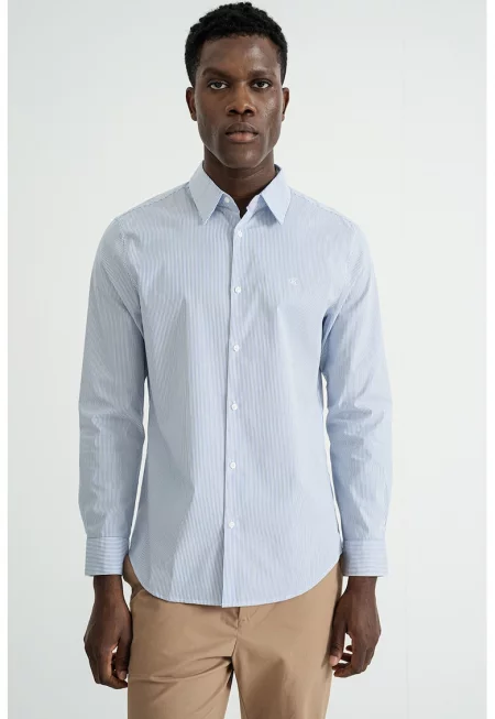 Слим риза с райе и лого - Бял/Индигово синьо