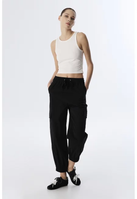 Спортен панталон с висока талия и регулируема талия - Черен