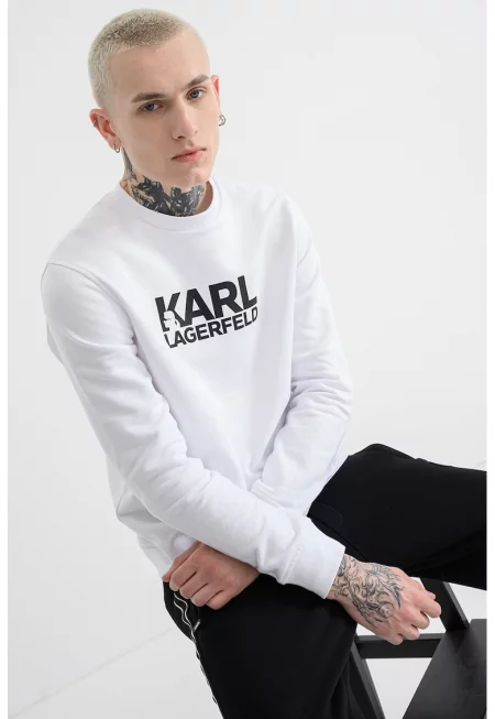 Суитшърт с овално деколте и лого - Бял/Черен