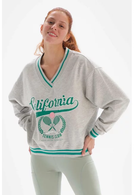 Суитшърт с шпиц и паднали ръкави - Зелен/Сив меланж