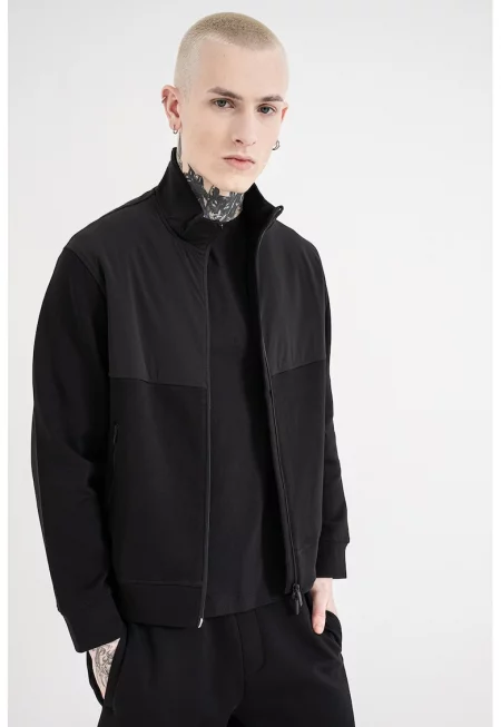 Суитшърт с цип и средновисока яка - Черен