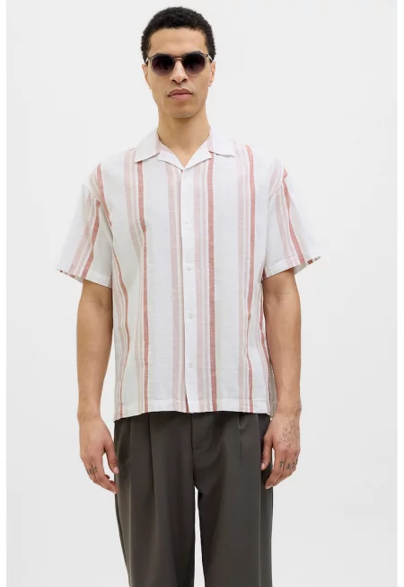 Свободна риза с лен - Слонова кост/Светло червено