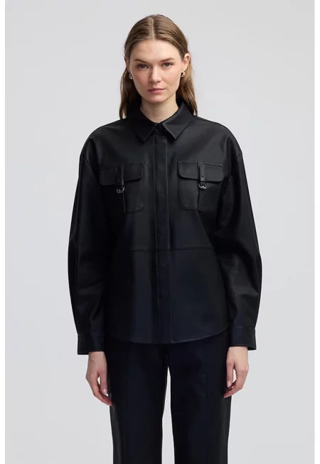 Сяободно яке от еко кожа с паднали ръкави - Черен