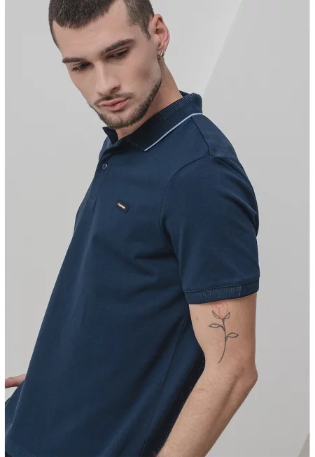 Тениска с органичен памук и яка - Тъмносин