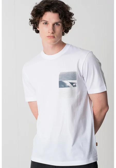 Тениска с овално деколте и графика на гърдите - Бял/Светлосив меланж