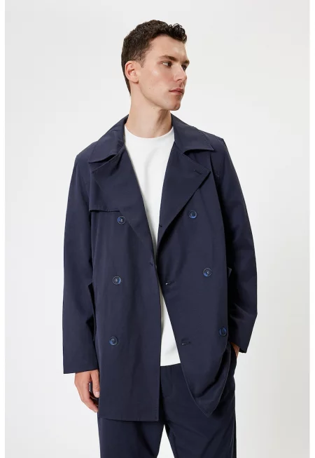 Тренч с памук с колан - Тъмносин