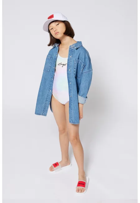 Цял бански с лого с холограмен ефект - Бледозелен/Лилав/Сребрист