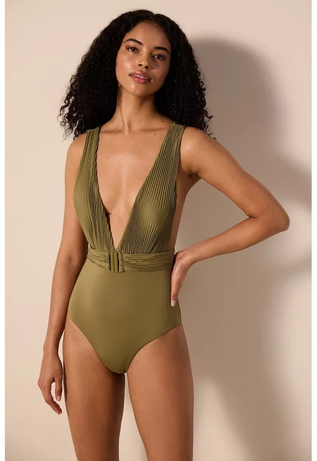 Цял бански с плисирани детайли - Маслинено зелено