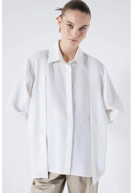 Уголемена риза от лиосел с паднали ръкави - Бял