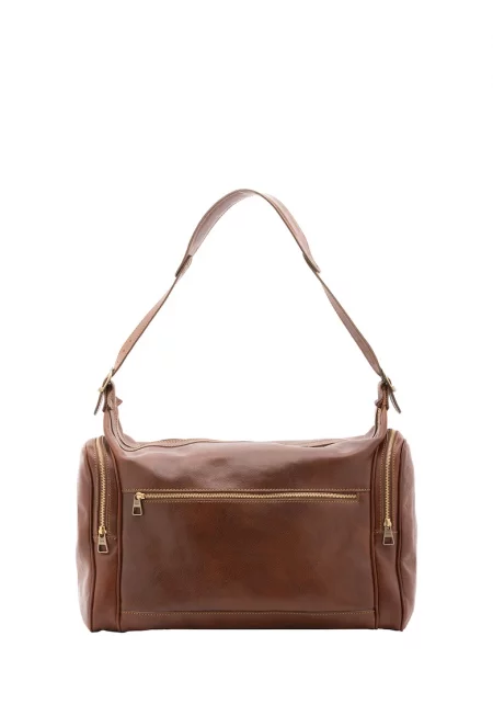 Унисекс кожена пътна чанта с джобове - Кафяв