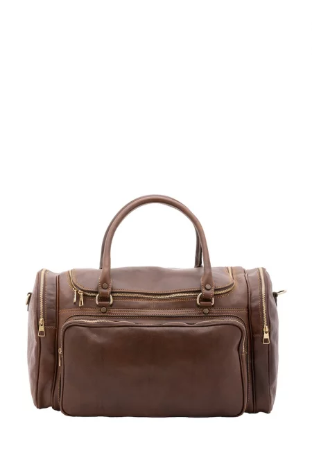 Унисекс кожена пътна чанта с джобове - Сиво-кафяв
