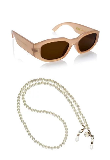 Унисекс правоъгълни слънчеви очила с верижка - Бежов