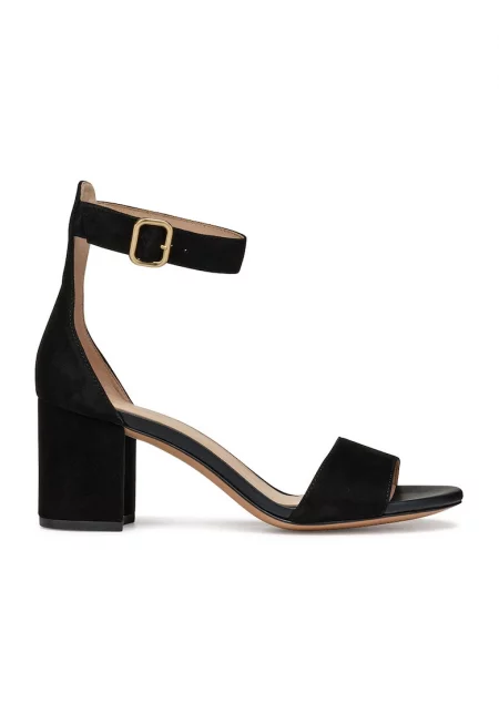Велурени сандали с ток и каишки с тока - Черен