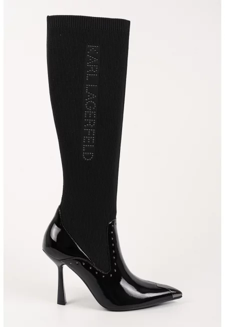 Високи ботуши от кожа и текстил с ток стилето