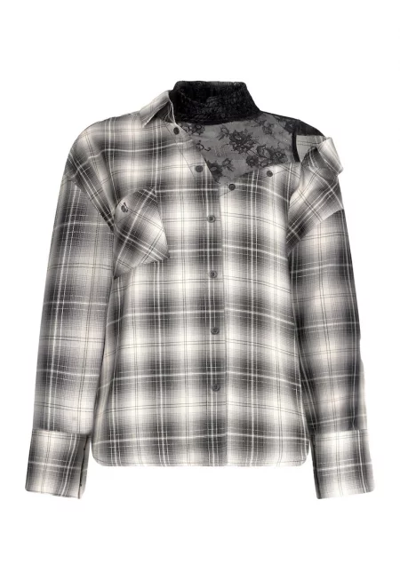 Блуза на каре с дизайн 2 в 1 - Бял/Сив