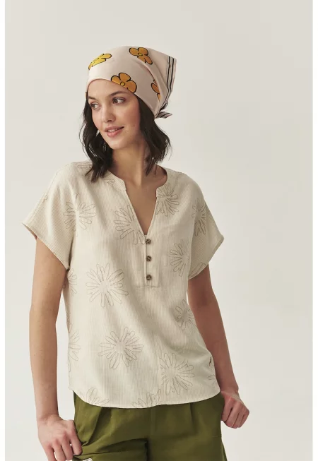 Блуза с лен - Светло бежово