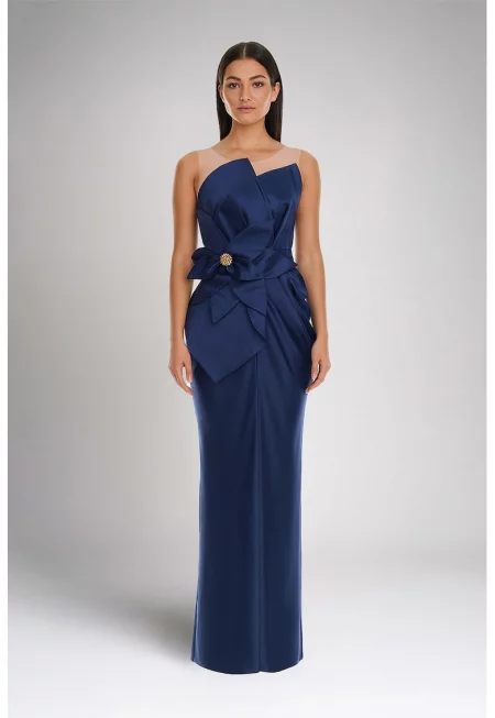 Дълга сатинирана рокля - Тъмносин