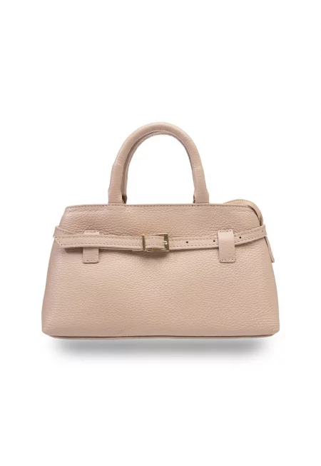 Дамска чанта  естествена кожа - бледорозова - регулируема презрамка - закопчаване с цип