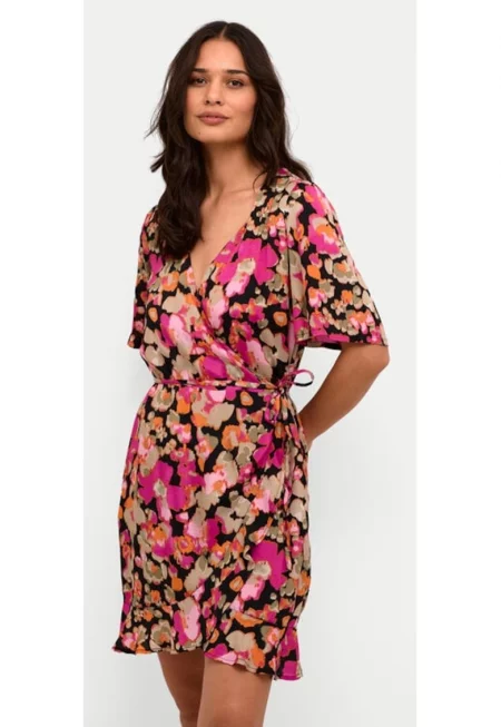 Дамска рокля - кафе - Многоцветна - Вискоза