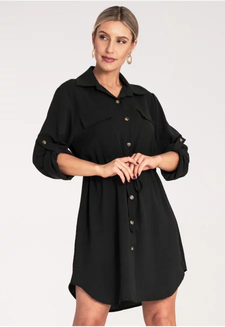 Дамска рокля-риза -  черна - дълъг ръкав - с копчета - 95% полиестер - 5% еластан - SM