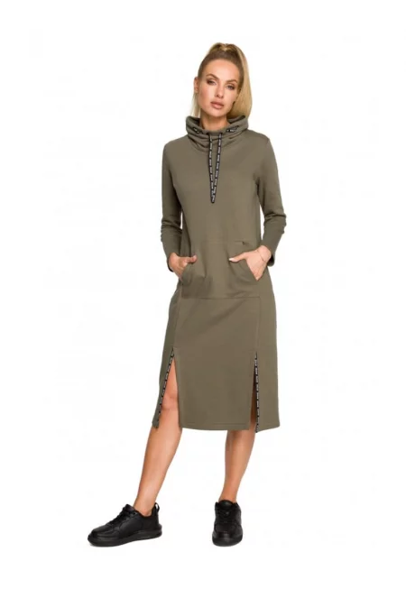 Дамска рокля - с ръкав - полиестер - памук - зелена -