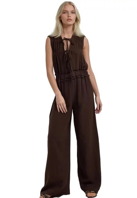 Дамски гащеризон -  текстуриран - свободна кройка - кръгла яка - кафяв - текстилен