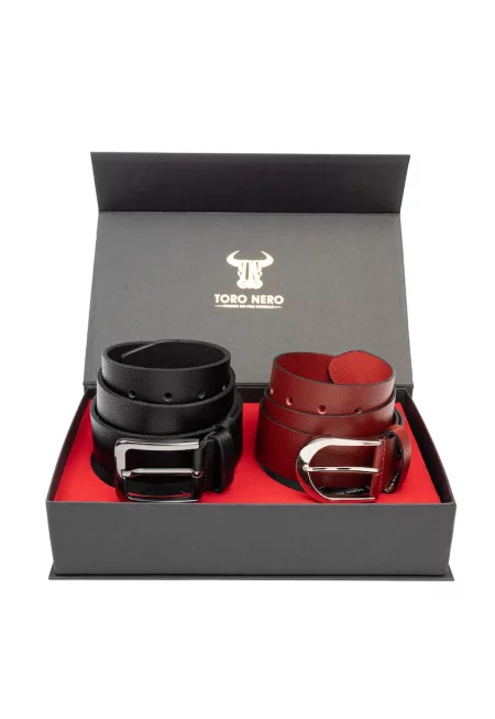 Дамски и мъжки комплект колан - естествена кожа - черно-червен - Thick-Night