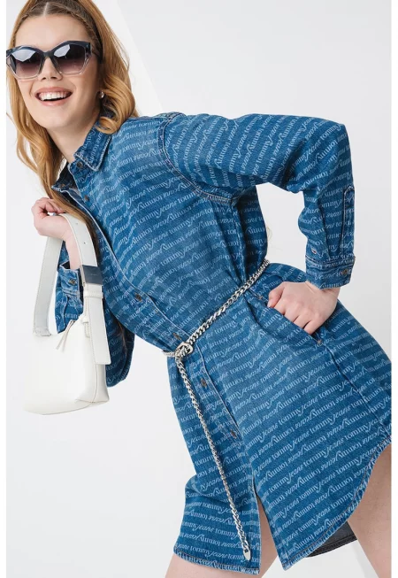 Дънкова рокля тип риза - Тъмносин