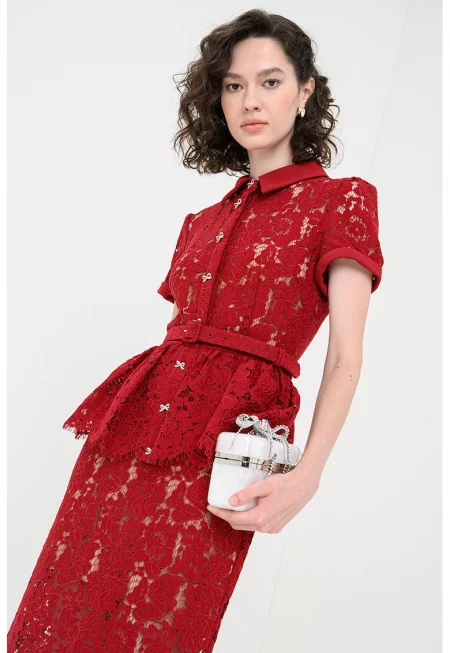 Дантелена рокля с набирания - Бордо