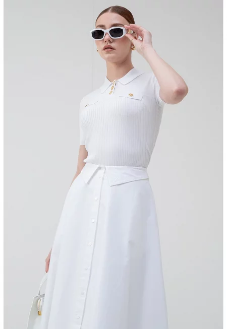 Фино плетена тениска с яка - Бял