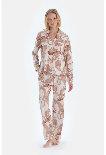 Флорална пижама с копчета - Бял/Персийски портокал/Изгорен портокал