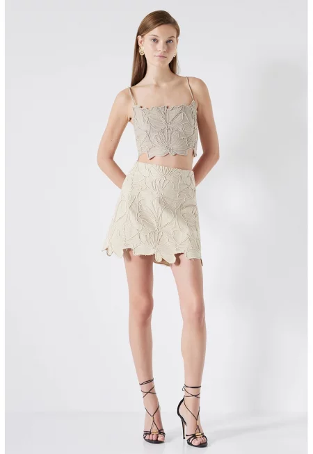 Флорална пола с лен - Светло бежово