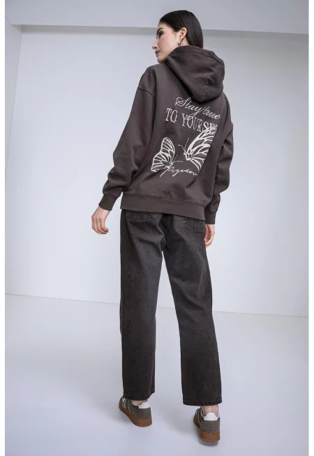 Худи с принт и паднали ръкави - Тъмнокафяв