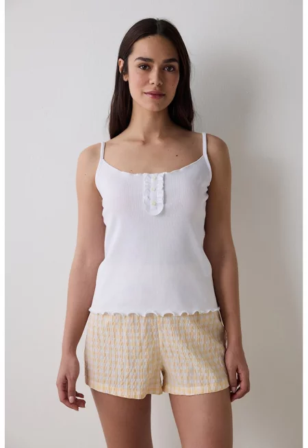 Къса пижама с карирана долна част - Бял/Жълт