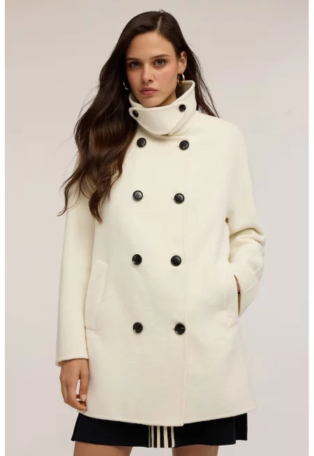 Късо двуредно палто с вълна - Крем