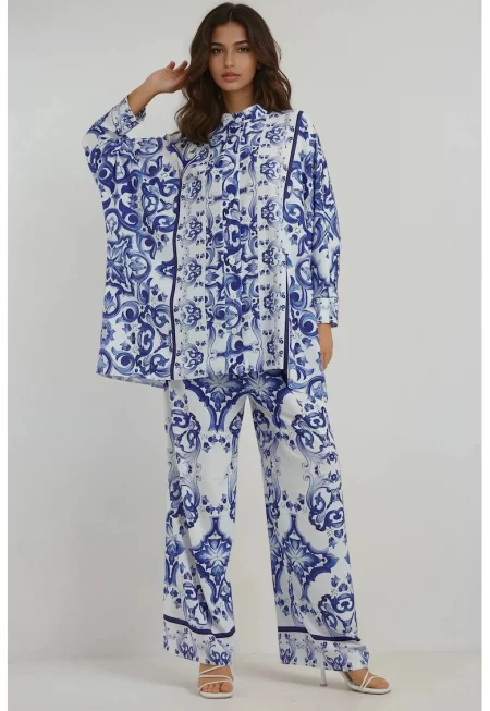 Комплект от две части  флорален мотив - висока талия - свободна кройка - син - текстил