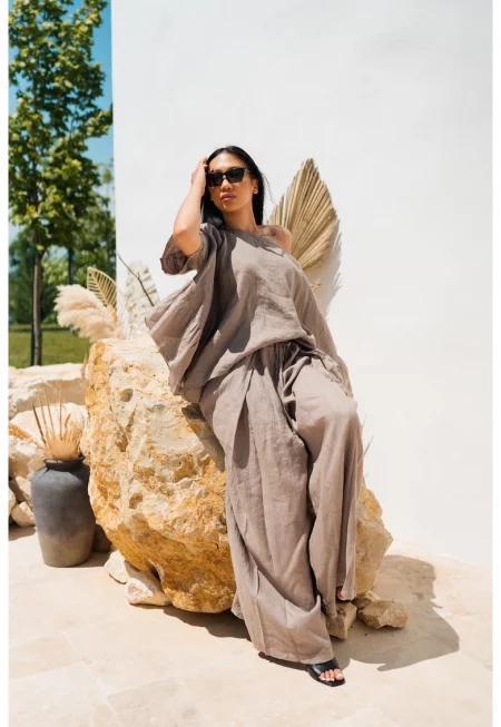 Комплект от ленена блуза и дълъг панталон - бежов 17673