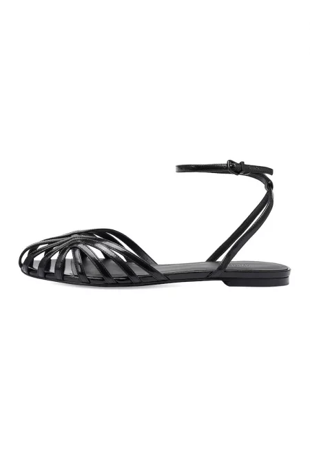 Кожени сандали с каишка с тока на глезена - Черен