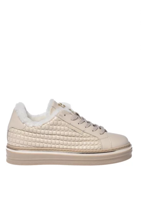 Кожени спортни обувки с равна платформа - Крем